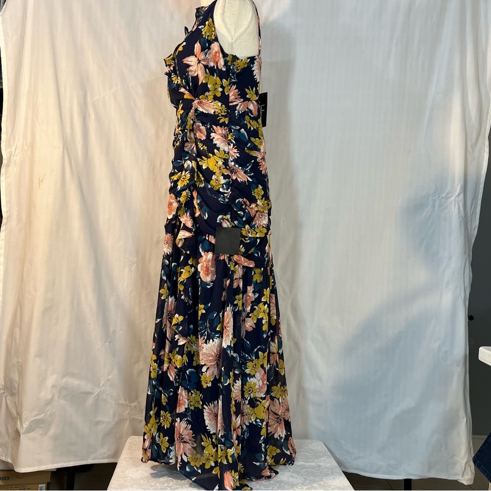 Lulus MIDI Floral Dress Blue Ruched Waist Flounce Skirt Slit Spaghetti Straps L - Picture 8 of 16